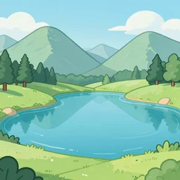 A lake between mountains, cartoon, 2D