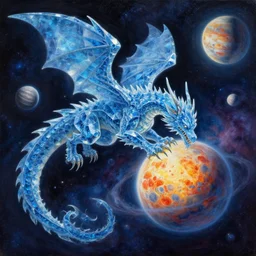 prompt  crystalline blue dragon eating a planet, space, planets, moons, sun system, nebula, oil painting, by Fernanda Suarez and and Edgar Maxence and greg rutkowski