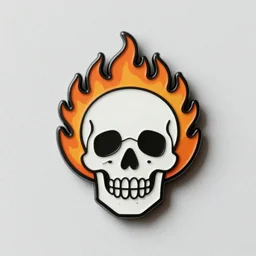 a highly detailed retro minimalistic gleeful clean skull with fire flame enamel pin
