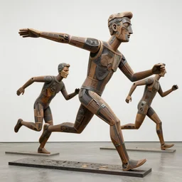 a contemporary art sculpture of several tall man running with long arm and a big head, in the style of cesar baldaccini facel vega 1 9 6 2, full size, busy, made of intricate metal and wood, thick paint, intricate, dirty, indoor, studio lighting, hyper realistic, detailed, 8 k