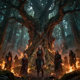 high intricate full shot of evil forest spirits burning the ancient forest, massive ancient tree, maria panfilova, andrea savchenko, mike kime, ludovic plouffe, qi sheng luo, oliver cook, david noren, trending on artstation