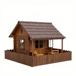 small wooden german garden house, brown, plastic roofed veranda with brown wood side fence, rembrandt style painting, extremely wide angle