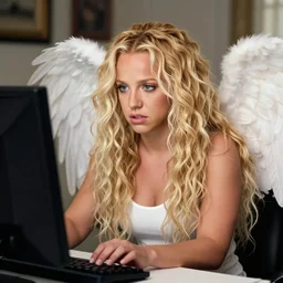 young britney spears look alike with extremely long blonde voluminous curly hair sitting at a computer, with an angel sitting on her shoulder in the background, anxious