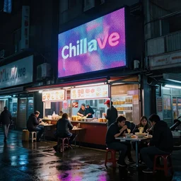 people eating at street food noodle shop, chillwave, electronic billboards, tech noir, wet reflections, atmospheric, ambient, livia prima, greg rutkowski, edward hopper, pj crook