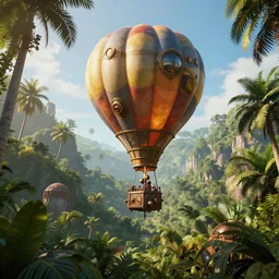 hot air flying machine steampunk, in a jungle valley, octane render, volumetric, unreal engine