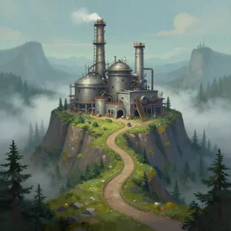 team fortress 2 concept art of a cement factory on the peak of a mountain with winding paths leading down to a foggy forest, oil painting, artstationhq