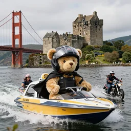 a teddy bear wearing a motorcycle helmet and cape is standing in front of loch awe with kilchurn castle behind him driving a speed boat near the golden gate bridge car surfing on a taxi cab in new york city riding a motorcycle in rio de janeiro with dois irmaos in the background. dslr photo.