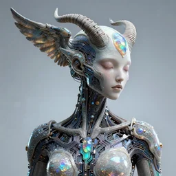 hybrid humanoid androgyne muse with recursively horned wing crown attached to side of xenomorphic head, concept art, sculpted iridescent optical mineralogy features, xenomorphic, intricate detail, holographic, pixel sorting, style by James Jean, circuitry, organic detail, asymmetry, cinematic, epic wide shot, ultra detailed, artstation, sharp focus,smooth, cinematic lighting, cinematic detail, composition, photorealistic, render in unreal engine 5, golden ratio, 8k render