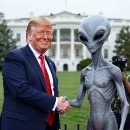 press photo of donald trump shaking hands with a gray alien, 8 k, sharp focus, award winning, white house photo, cnn news, smiling at the camera