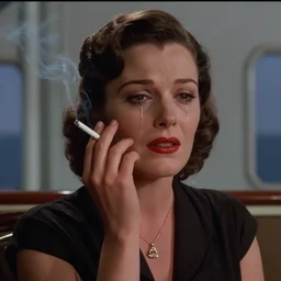 film noir movie still dramatic closeup of an elegant lady smoking a cigarette on the deck of a 1930s cruise ship eyes welling up with tears