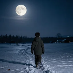 a boy walking in a snowy landscape, night, full moon