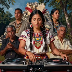 a beautiful indigenous mayan queen deejing with a technics turntables in tikal, poster art by daniele caruso, benediktus budi, jason edmiston, vc johnson, powell peralta