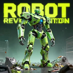 poster of futuriste robot with the word ROBOT REVOLUTION , robotic made of hi-tech trash. neon green and yellow colors, sci-fi fantasy, wide angle, full body shot, high detail
