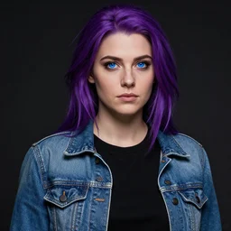 an insanely detailed realistic depiction of abigail from stardew valley wearing black shirt under blue denim jacket, purple hair, detailed blue eyes, in the style of peter mohrbacher, artgerm, dramatic lighting and composition, octane render, trending on artstation, concept art 8 k