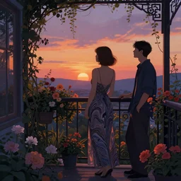 aesthetic stunning portrait of a woman on a balcony full of flowers and vines watching the sunset. by Daniel F. Gerhartz and Liam Wong, nocturne, art deco 8k hq