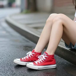 legs of a woman sitting on the ground on a curb, knees up, very short pants, wearing red converse shoes, wet aslphalt road after rain, blurry background, sigma 8 5 mm