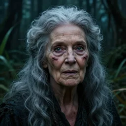 fantasy portrait of an energetic old woman with silky, cloudy grey hair, black scars on her face, swamp vegetation in the background, nocturnal palette, dramatic lighting, cinematic, establishing shot, extremely high detail, photo realistic, cinematic lighting, post processed, concept art, artstation, matte painting, style by eddie mendoza, raphael lacoste, alex ross