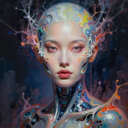 a beautifull futuristic biomechanical humanoid woman portrait with pretty face in intricate detailed color smashing fluid oilpaint, melting wax, thin fractal tendrils, futuristic digital painting, cyberpunk, 8 k, hyper detailed, octane render, concept art, by peter mohrbacher, by wlop, by ruan jia,