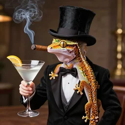 Photograph of a gecko in a top hat smoking a cigar, holding a martini
