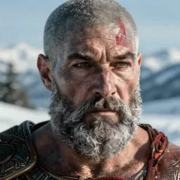 vfx movie live action god of war closeup, natural grizzled skin, photoreal, grey beard, in snowy tahoe by emmanuel lubezki