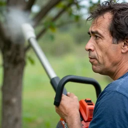 closeup portrait of a man with a leafblower fighting a tree, by Steve McCurry and David Lazar, natural light, detailed face, CANON Eos C300, ƒ1.8, 35mm, 8K, medium-format print