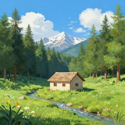 small modest gorean home in the forest, mountains in distance, non - obstructive view of mountains, very vibrant and clear bright blue sky, fluffy clouds, lush, spring, wildflowers, creek, smooth, sharp focus, naturalism, matte painting, digital painting, art by kuri huang, 3 d, environment visualization,