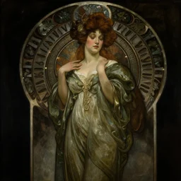 the mistress, dream mistress, by Mucha, by Caravaggio, trending on artstation, dark, moody, chiaroscuro
