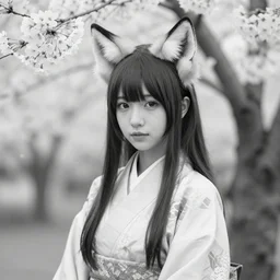 a black and white photo of a cute girl with fox ears wearing kimono at a sakura tree by anthony brown, 8 k resolution, high quality, highly detailed, long hair