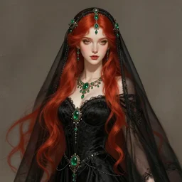 red haired goddess, beautiful, feminine, pretty, long hair, all covered black dress and veil, emerald jewels, fantasy, dressed!!!! magical, mystical, intricate, elegant, highly detailed, digital painting, artstation, concept art, smooth, sharp focus, illustration, art by gaston bussiere and greg rutkowski