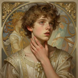 portrait of a young teen model looking moved and touched, upper body, fantasy, intricate, elegant, highly detailed, digital painting, artstation, concept art, matte, sharp focus, illustration, art by Artgerm and Greg Rutkowski and Alphonse Mucha