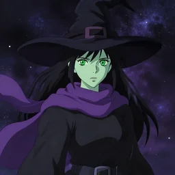 greenskin female witch wearing a purple scarf, jet black hair, bright green eyes and pale greenish skin, simple black dress and black witch hat, detailed perfect face, exquisite details, mid view, design on a dark galactic background, by studio muti, greg rutkowski makoto shinkai takashi takeuchi studio ghibli