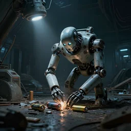 A single light enlighten the scene of a futuristic abandoned and derelict space station. A robot is scavenging for the last battery. 4K , Highly detailed , High details , Dead space , System shock 2