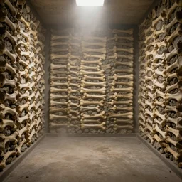 a photo of a room with walls made of stacked bones, mist hangs in the air, liminal space