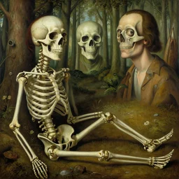 skeleton in a forrest by james jean and salvador dali and shusei nagaoka, oil on canvas, exquisitely intricate details, surrealism, neoclassicism, renaissance, hyper realistic, ultra detailed, cell shaded, 8 k
