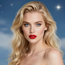 A portrait of a beautiful blonde woman with beautiful blue eyes and beautiful red lips, piercing eyes, in heaven, highly detailed, bokeh, professional photograph, full body shot 4K, HD
