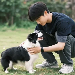 a short young looking guy playing with his black and white dog