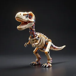Plastic simple funny mechanic organic disney dinosaur skeleton toy characterdesign sculpture made from cables, wires and tubes by moebius, by david lachapelle, by angus mckie, by rhads, by jeff koons, in a dark empty studio hollow, c4d, at night, rimlight