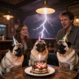 pugs celebrating birthday in a pub, warm lightning, by leonid afremov