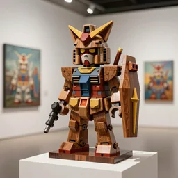3 d octane render art ultra 8 k photorealistic art hyper detailed unreal engine, a wooden carving sculpture art on a pedestal a very cute gundam of the bohemian with cat's ears, concept art, trending on cgsociety art, artwork masterpiece in a contemporary art gallery by lego