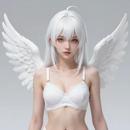 character design by jakub rebelka, tran nguyen, yoann lossel, wadim kashin ( ( ( portrait of a white haired cute japanese girl with white wings in a white elegant bra ) ) ) sharp edges. ultra clear detailed. 8 k. ultra detailed, elegant, intricate,