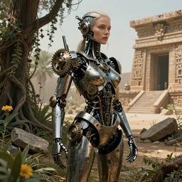 ultrarealistic, cyborg, cyberpunk, gears, steam, future, iamrobot movie, feminine figure, beautiful, soft skin, harsh metal, overgrown forest, rubble, vines, flowers, plant life, desert, aztec temple