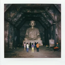 tiny people in front of a massive statue inside of a huge mine, dark, old polaroid, expired film, surreal, megalophobia,