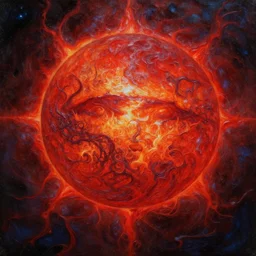 red cosmic sun with a powerful aura, oil paint, heavy texture, extreme detail, veins, dripping, flowing, nebula, ultra - hd, super - resolution, massive scale, artstation, dark tones, cosmic horror, intricate lines