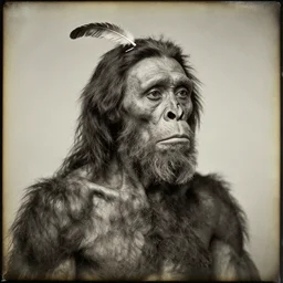 daguerreotype of neanderthal with feather in hair
