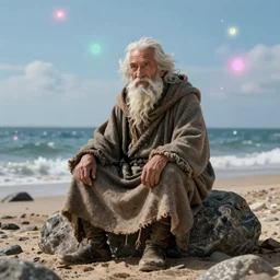 an old wise man wearing a cloak sitting on a rock at the beach, magical atmosphere, magical atmosphere, trending on artstation, 30mm, by Noah Bradley trending on ArtStation, deviantart, high detail, stylized portrait