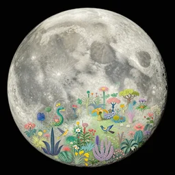 a landscape on the moon with many craters, a beautiful flowering garden, birds, a lot of exotic vegetations, trees, intricate detaild, pale colors, 8 k, in the style of martin johnson heade and roger dean