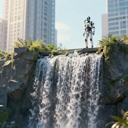 city is no light, the waterfall cascaded down from the highest building, sunlight, a young man with an oxygen mask was standing on the roof of the building, 8 k, highly detailed, ultra detailed, by friendly robot