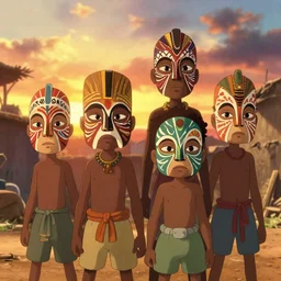 a film still for African favela, four kids wearing African war paint tribal masks stand ready for battle, medium shot, waist up, studio Ghibli, Pixar and Disney animation, sharp, Rendered in Unreal Engine 5, anime key art by Greg Rutkowski, Bloom, heavy dramatic sunset lighting