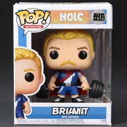 a funko figurine of a  crossfiter with blond hairs and mustache, blue white red cape, carrying two barbells, in its original packaging titled BRIANT,  hyper realistic, mate painting mix rendering