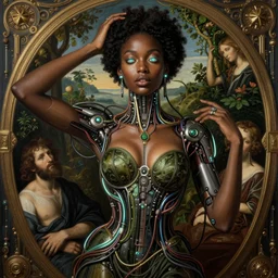young african cyborg queen, piercing glowing eyes, elegant, fashion, vogue poses, striking composition, highly detailed ornate sci fi background, vivid details, amalgamation of nature and technology, wires, glowing tubes, beautiful composition, painting in the style of sandro botticelli, caravaggio, albrecth durer, 8k
